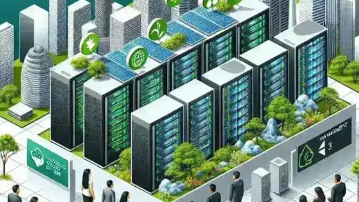 "Ilustrasi data center di Indonesia yang menampilkan teknologi keberlanjutan dan efisiensi energi, dengan panel surya dan sistem pendingin ramah lingkungan."