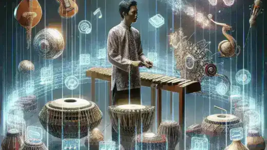 "Alat musik tradisional Nusantara yang dipreservasi secara digital, menampilkan detail artistik dan teknik pembuatan yang khas, sebagai bagian dari implementasi teknologi preservasi modern."