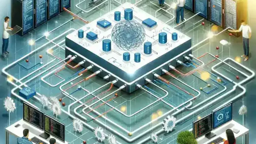 "Ilustrasi strategi manajemen konfigurasi lintas lingkungan untuk DevOps modern, menampilkan langkah-langkah penting dan alat yang digunakan dalam integrasi dan kolaborasi tim."