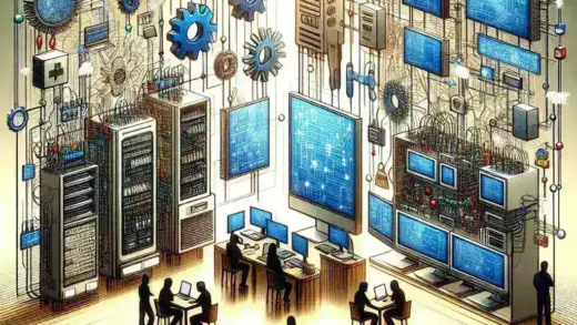 "Ilustrasi panduan lengkap untuk manajemen konfigurasi lintas lingkungan, menampilkan developer dan DevOps engineer bekerja bersama dengan alat dan perangkat lunak modern untuk mengoptimalkan proses pengembangan perangkat lunak."