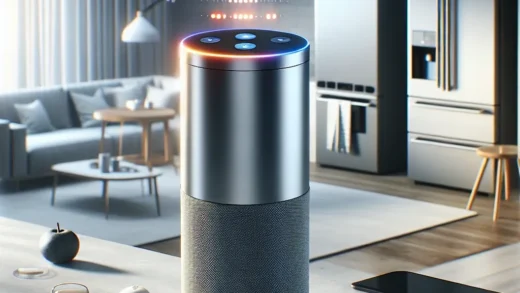 "Ilustrasi perangkat IoT terbaru Amazon dengan Alexa versi ultra ringkas, menampilkan desain kompak dan fitur inovatif yang mendukung konektivitas pintar di rumah."