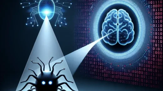 "AI-powered reverse engineering process for local malware analysis, showcasing advanced algorithms and code deconstruction techniques on a digital interface."