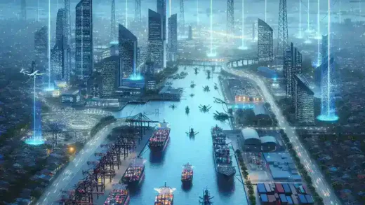 "Diagram of Kota Balikpapan's Smart Port ecosystem powered by 5G technology, showcasing advanced digital infrastructure and enhanced logistics for efficient maritime operations."