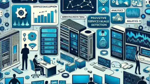 "Ilustrasi alat deteksi kegagalan layanan proaktif untuk bisnis modern, menunjukkan grafik analitik dan dashboard pemantauan."